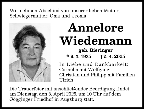 Traueranzeige von Annelore Wiedemann von Augsburger Allgemeine