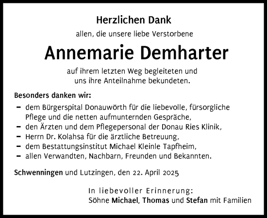 Traueranzeige von Annemarie Demharter von Donauwörther Zeitung