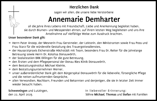 Traueranzeige von Annemarie Demharter von Donau Zeitung