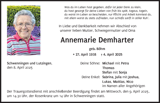 Traueranzeige von Annemarie Demharter von Donau Zeitung