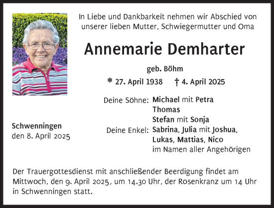 Traueranzeige von Annemarie Demharter von Donauwörther Zeitung