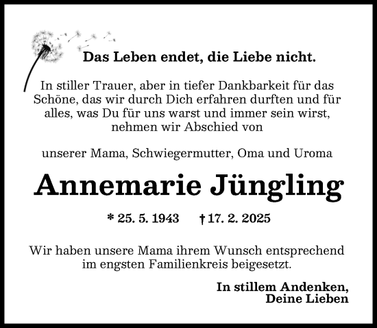 Traueranzeige von Annemarie Jüngling von Augsburger Allgemeine