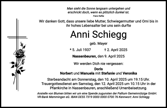 Traueranzeige von Anni Schiegg von Mindelheimer Zeitung