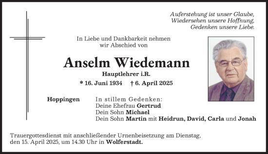 Traueranzeige von Anselm Wiedemann von Donauwörther Zeitung