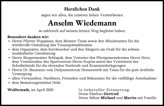 Traueranzeige von Anselm Wiedemann von Donauwörther Zeitung
