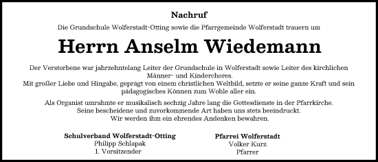 Traueranzeige von Anselm Wiedemann von Donauwörther Zeitung