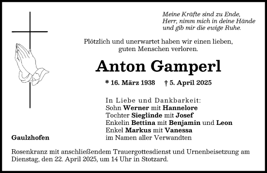 Traueranzeige von Anton Gamperl von Aichacher Nachrichten