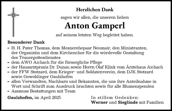 Traueranzeige von Anton Gamperl von Aichacher Nachrichten
