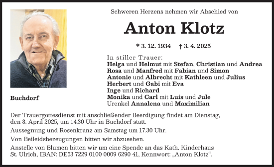 Traueranzeige von Anton Klotz von Donauwörther Zeitung