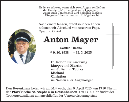 Traueranzeige von Anton Mayer von Mittelschwäbische Nachrichten