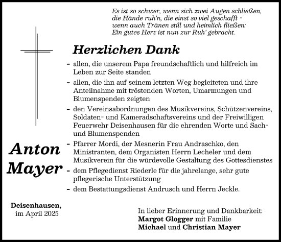 Traueranzeige von Anton Mayer von Mittelschwäbische Nachrichten