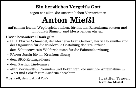 Traueranzeige von Anton Mießl von Friedberger Allgemeine