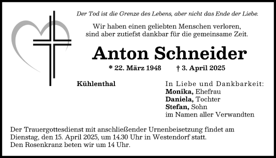 Traueranzeige von Anton Schneider von Augsburg-Land