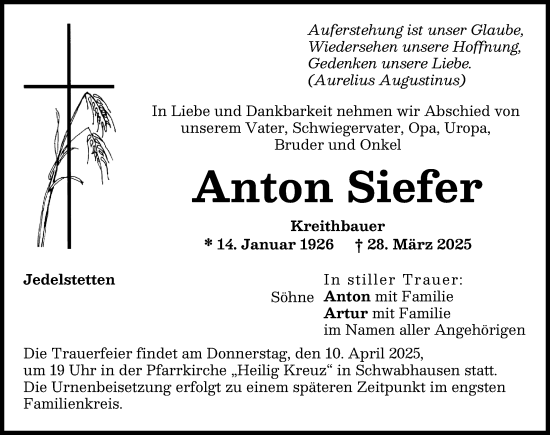 Traueranzeige von Anton Siefer von Landsberger Tagblatt