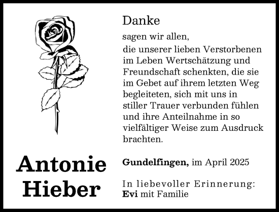 Traueranzeige von Antonie Hieber von Donau Zeitung
