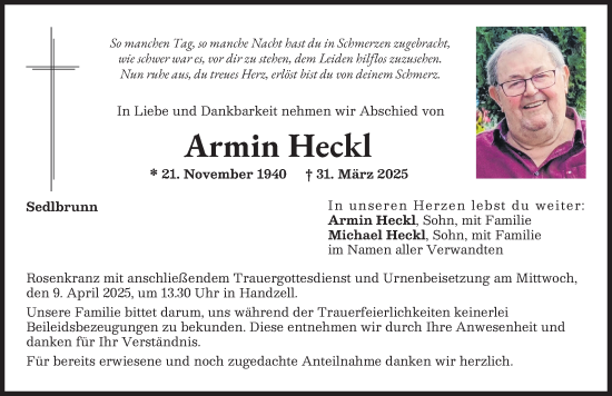 Traueranzeige von Armin Heckl von Aichacher Nachrichten