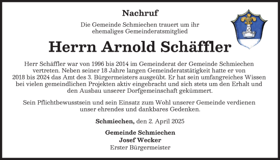Traueranzeige von Arnold Schäffler von Friedberger Allgemeine