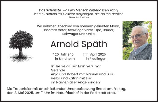 Traueranzeige von Arnold Späth von Donauwörther Zeitung