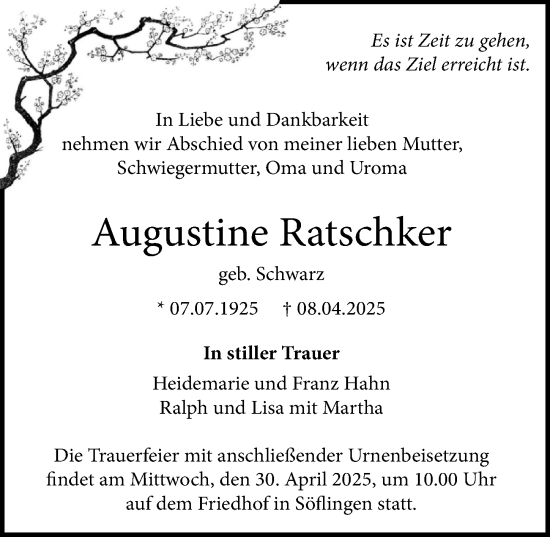 Traueranzeige von Augustine Ratschker von Augsburger Allgemeine, Neu-Ulmer Zeitung