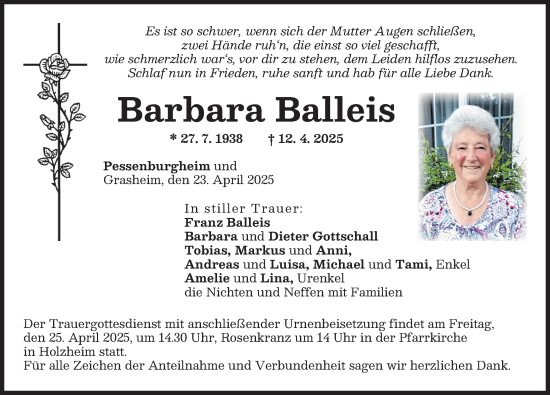 Traueranzeige von Barbara Balleis von Donauwörther Zeitung, Neuburger Rundschau