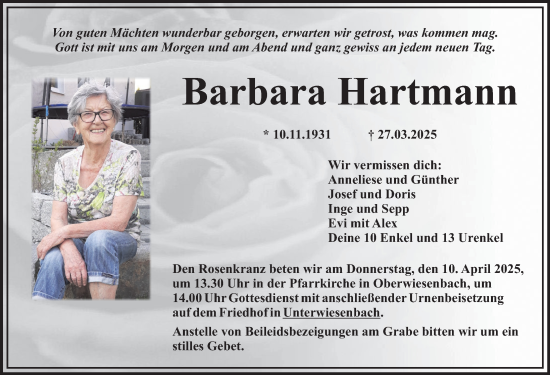 Traueranzeige von Barbara Hartmann von Mittelschwäbische Nachrichten