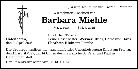 Traueranzeige von Barbara Miehle von Günzburger Zeitung