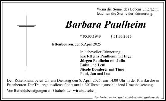 Traueranzeige von Barbara Paulheim von Günzburger Zeitung