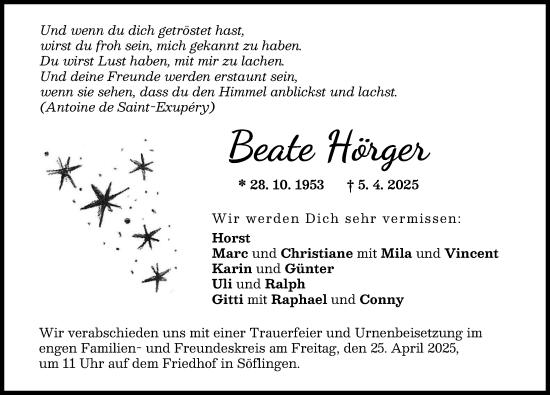 Traueranzeige von Beate Hörger von Neu-Ulmer Zeitung