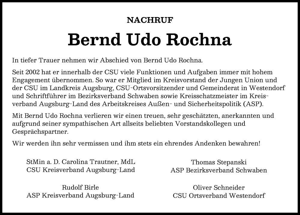  Traueranzeige für Bernd Udo Rochna vom 05.04.2025 aus Augsburg-Land