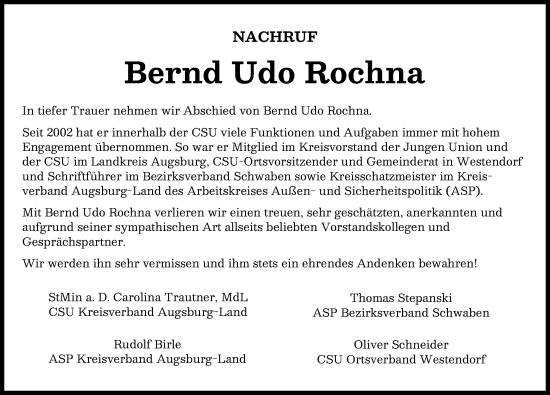 Traueranzeige von Bernd Udo Rochna von Augsburg-Land