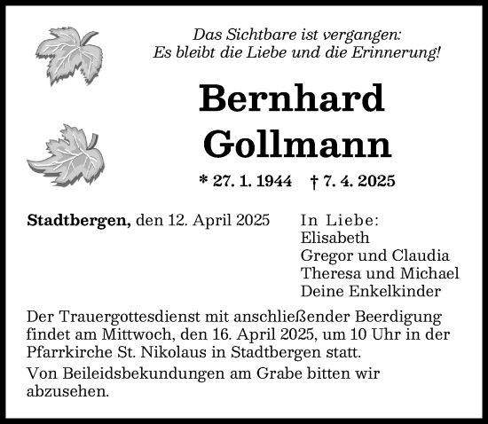 Traueranzeige von Bernhard Gollmann von Augsburger Allgemeine