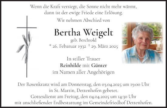 Traueranzeige von Bertha Weigelt von Landsberger Tagblatt