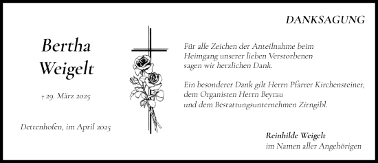Traueranzeige von Bertha Weigelt von Landsberger Tagblatt