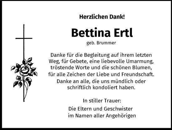 Traueranzeige von Bettina Ertl von Wertinger Zeitung, Donau Zeitung