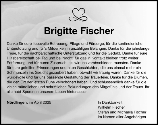 Traueranzeige von Brigitte Fischer von Rieser Nachrichten