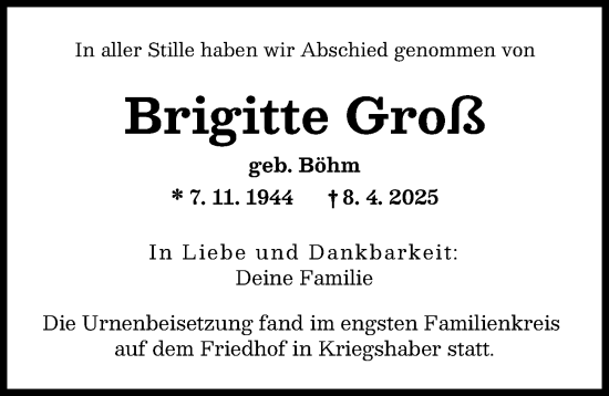 Traueranzeige von Brigitte Groß von Augsburger Allgemeine