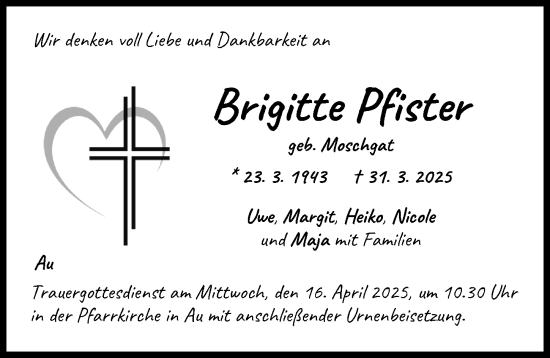 Traueranzeige von Brigitte Pfister von Illertisser Zeitung