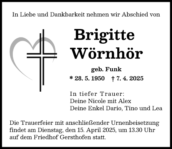 Traueranzeige von Brigitte Wörnhör von Augsburger Allgemeine