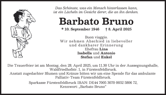 Traueranzeige von Bruno Barbato von Friedberger Allgemeine