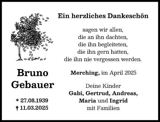 Traueranzeige von Bruno Gebauer von Friedberger Allgemeine