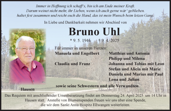 Traueranzeige von Bruno Uhl von Rieser Nachrichten