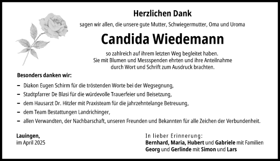 Traueranzeige von Candida Wiedemann von Donau Zeitung