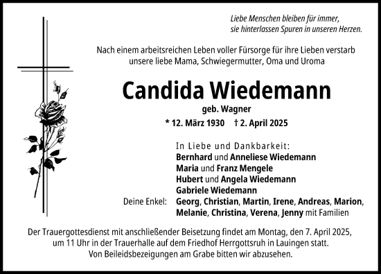 Traueranzeige von Candida Wiedemann von Donau Zeitung