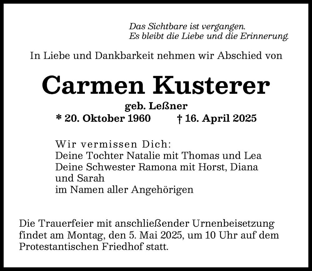  Traueranzeige für Carmen Kusterer vom 26.04.2025 aus Augsburger Allgemeine
