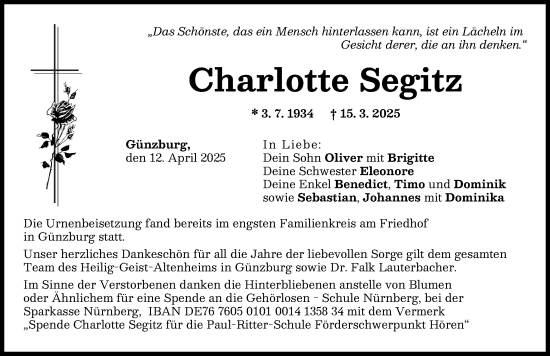 Traueranzeige von Charlotte Segitz von Günzburger Zeitung