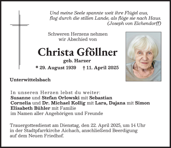 Traueranzeige von Christa Gföllner von Aichacher Nachrichten