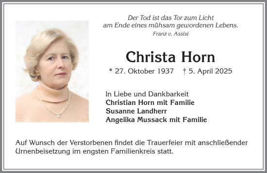 Traueranzeige von Christa Horn von Mindelheimer Zeitung