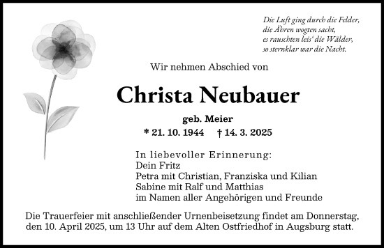 Traueranzeige von Christa Neubauer von Augsburger Allgemeine