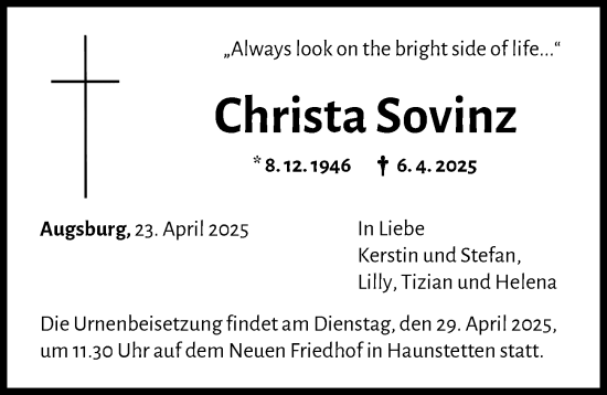 Traueranzeige von Christa Sovinz von Augsburger Allgemeine