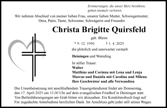 Traueranzeige von Christa Brigitte Quirsfeld von Rieser Nachrichten